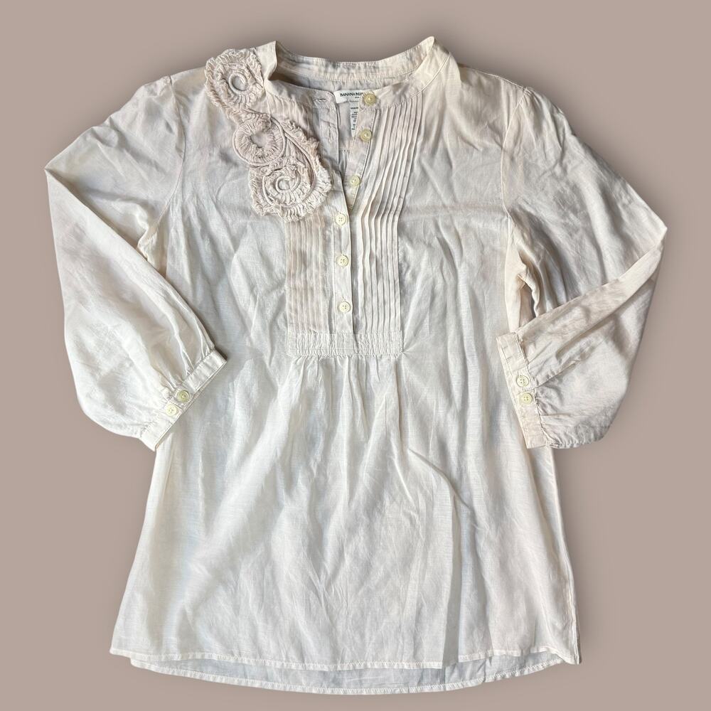 BANANA REPUBLIC SILK COTTON BLOUSE ROSE APPLIQUÉ BOHO HIPPIE BLOUSE SIZE MEDIUM